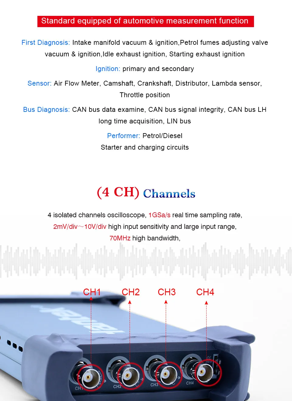 Hantek 6074BE(серия Kit IV) 4CH 70MHZ автомобильное диагностическое оборудование действие зажигания/датчик/Диагностика шины/артистка