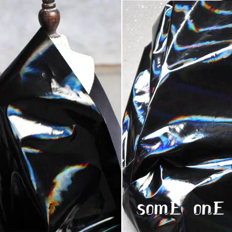 

PU Rainbow Fabric Colorful Bright Black Mirror Reflective Waterproof DIY Background Decor Down Coat Clothes Designer Fabric