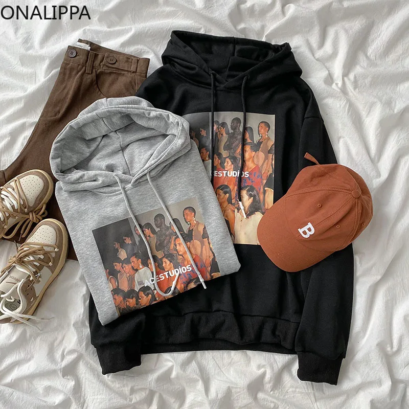 

Женский пуловер ONALIPPA с капюшоном в Корейском стиле, Новинка осени 2021, шикарный Повседневный свободный Оригинальный Универсальный свитер с ...