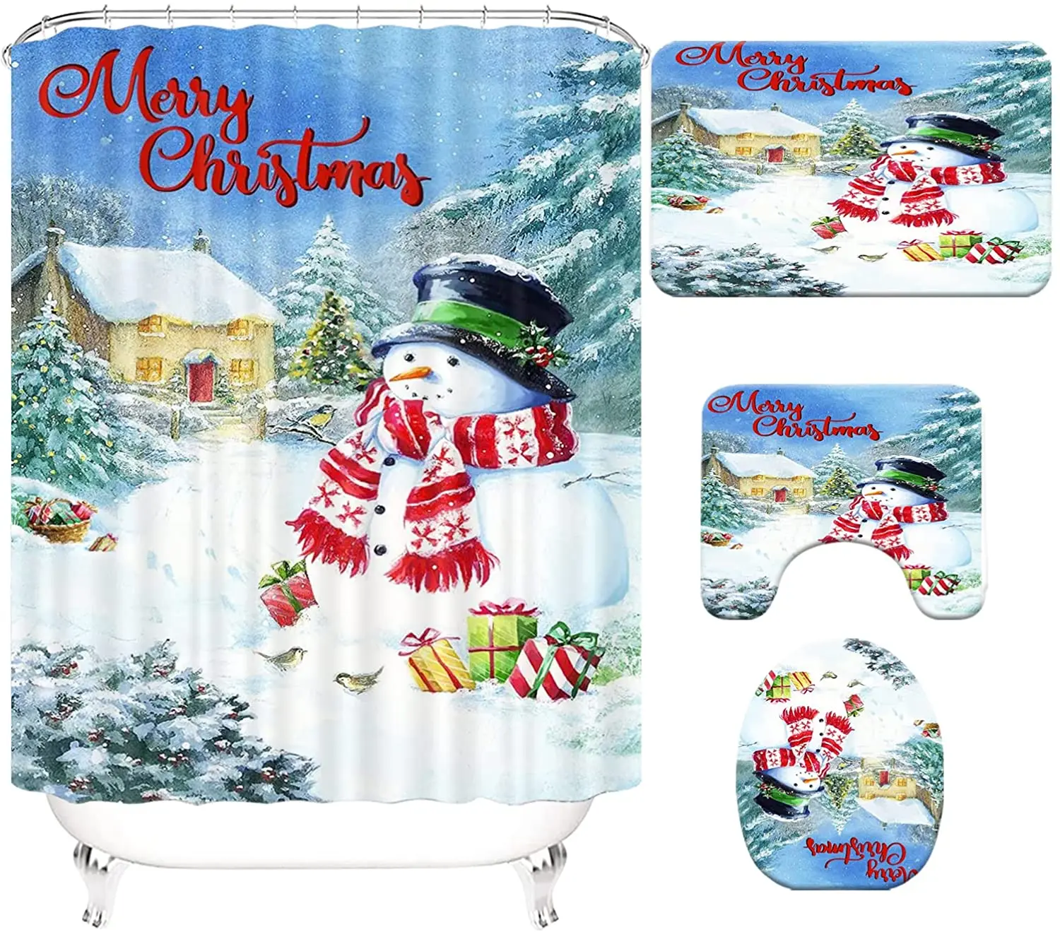 

Christmas Snowman Print Shower Curtain Set Carpet Cover Toilet Cover Bathroom Mat Cushion Cover Bathroom Curtain Household