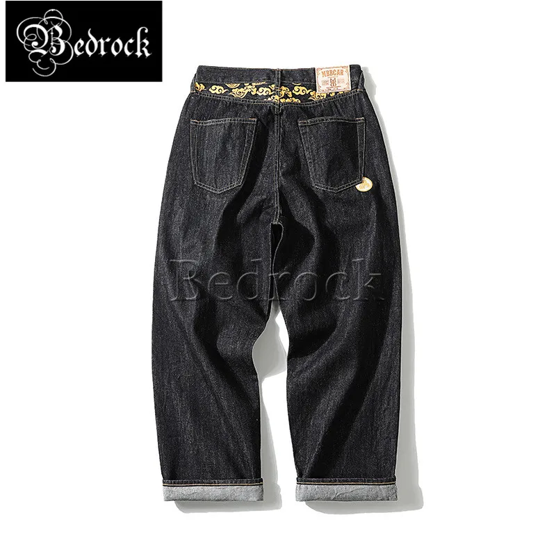 MBBCAR HIP HOP loose wide leg jeans for men black 14oz heavy raw denim one washed Chinese embroidered selvedge cargo pants 7294