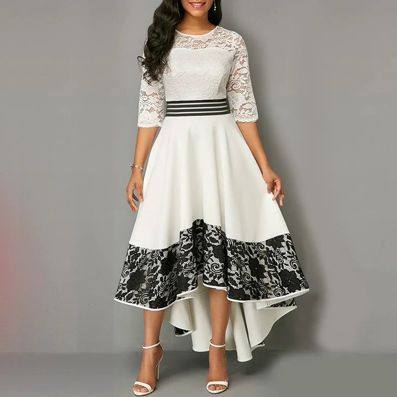 

Белое асимметричное платье с рукавом до локтя и подолом, черное кружевное платье в стиле пэчворк, женское платье для вечевечерние, платье-ха...