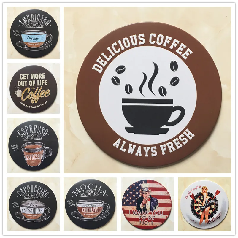 

DELICIOUS COFFEE Vintage Metal Decorative Plates Coffee Shop Signboard Wall Art Painting Round Retro Nostalgia Plaque 30CM R003