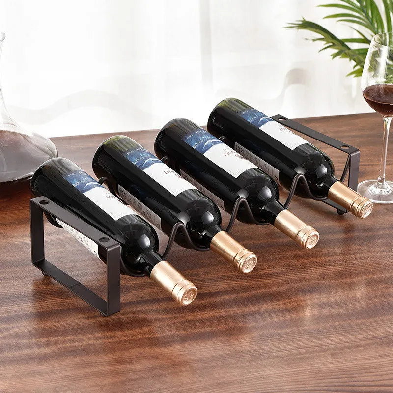 

4 Bottles Creative Simple Art Wine Bottle Shelf Metal Iron Wind Rack Single Layer Superimposed Wine Basket Bar Storage Tool