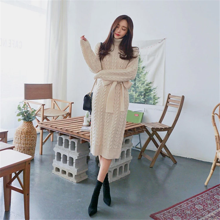 

New 2021 Autumn Winter Women Dresses Sashes Bow Turtleneck Straight Warm Sweater Elegant Casual Office Ladies