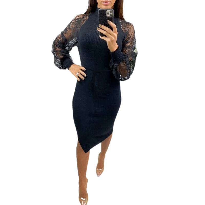 Женское кружевное платье с вышивкой черное облегающее составного кроя из