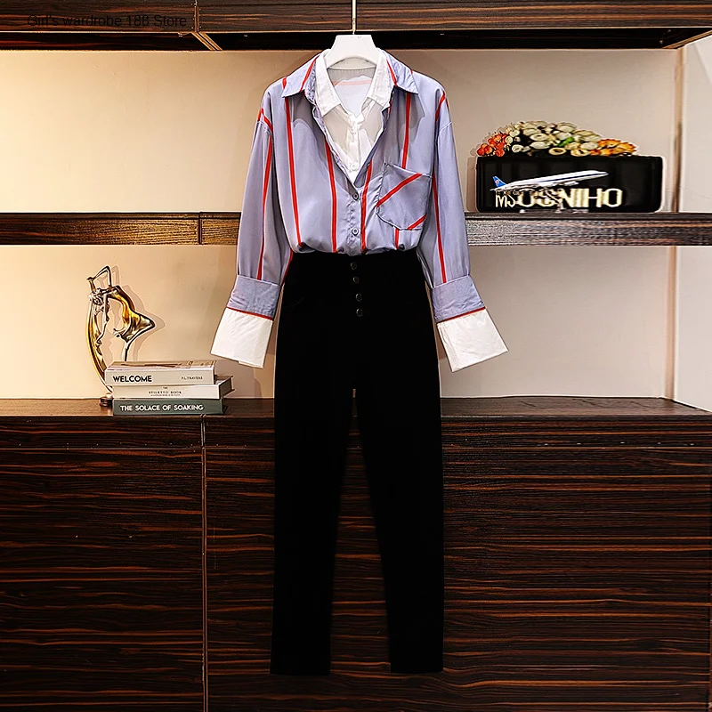 

Large size women's clothing 2020 new autumn clothing sister fashionable age-reducing stitching striped shirt ankle pants