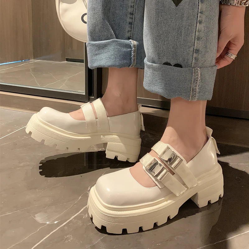 

Japanese Mary Janes Shoes Women 2021 Autumn Leather British Style Square Toe Thick Soled Buckle Height Increasing Lady Shoes