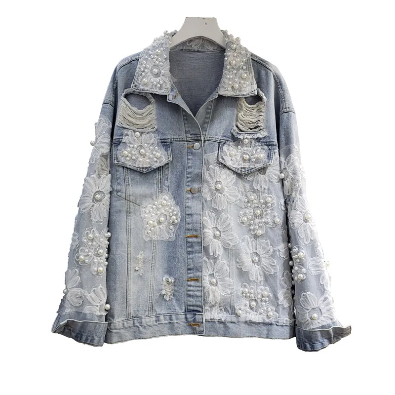 

European Street Trend Womens Fall Jackets Pearls Beading POLO Collar Patched Lace Flowers Jean Jacket Holes Denim Jacket Women