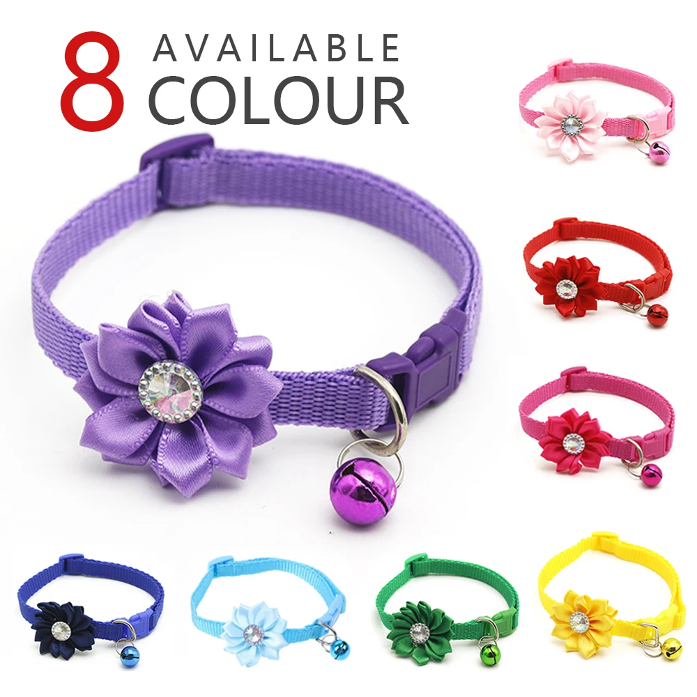 

Adjustable Pet Collar Flower Bell Crystal Dog Cat Collar Easy Wear Buckle Lovely Pets Decor Accessories Dogs Cats Necklace