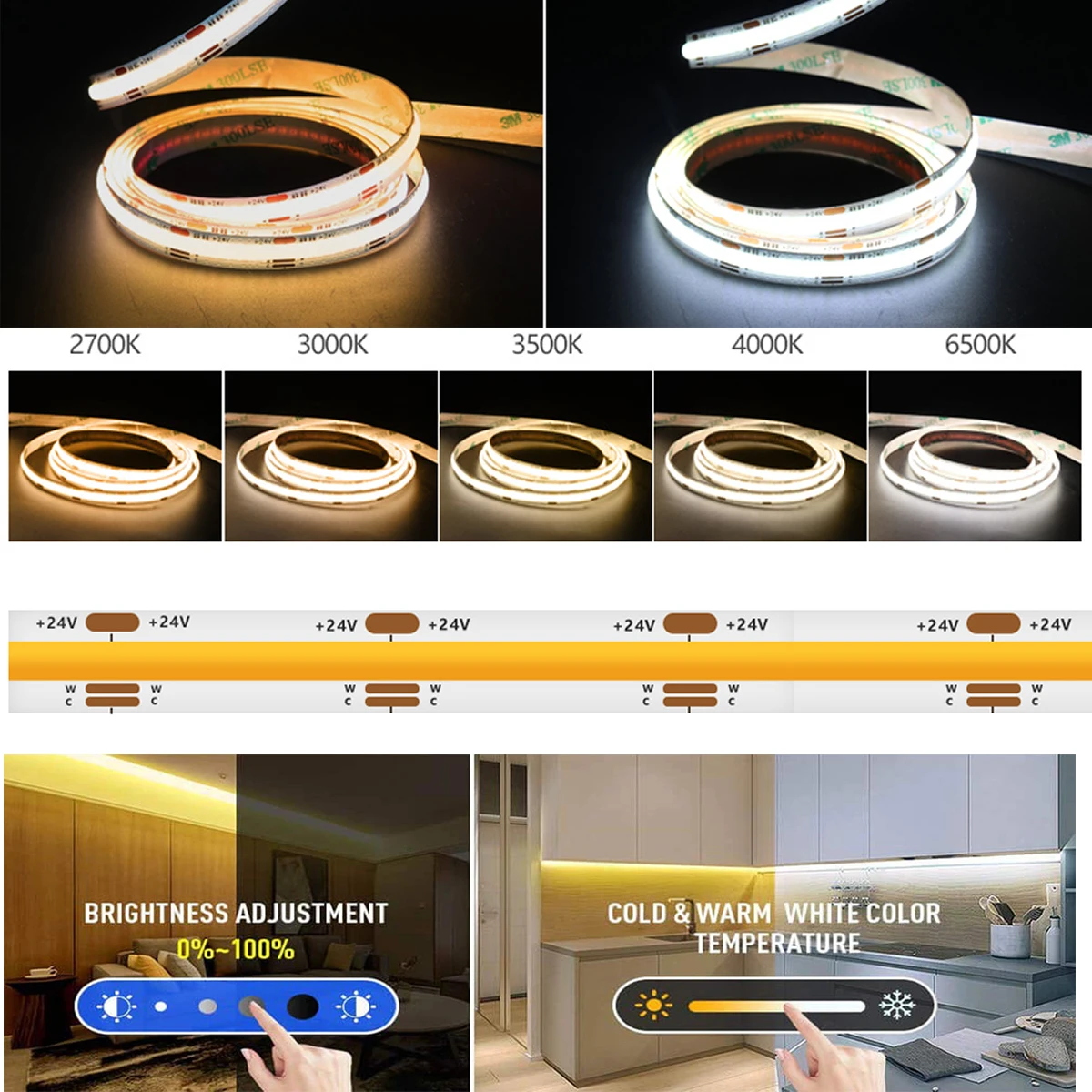 Светодиодная лента Zigbee3.0 2700-6500K 24 в 1-10 м CCT COB с регулируемой яркостью светодиодов/м
