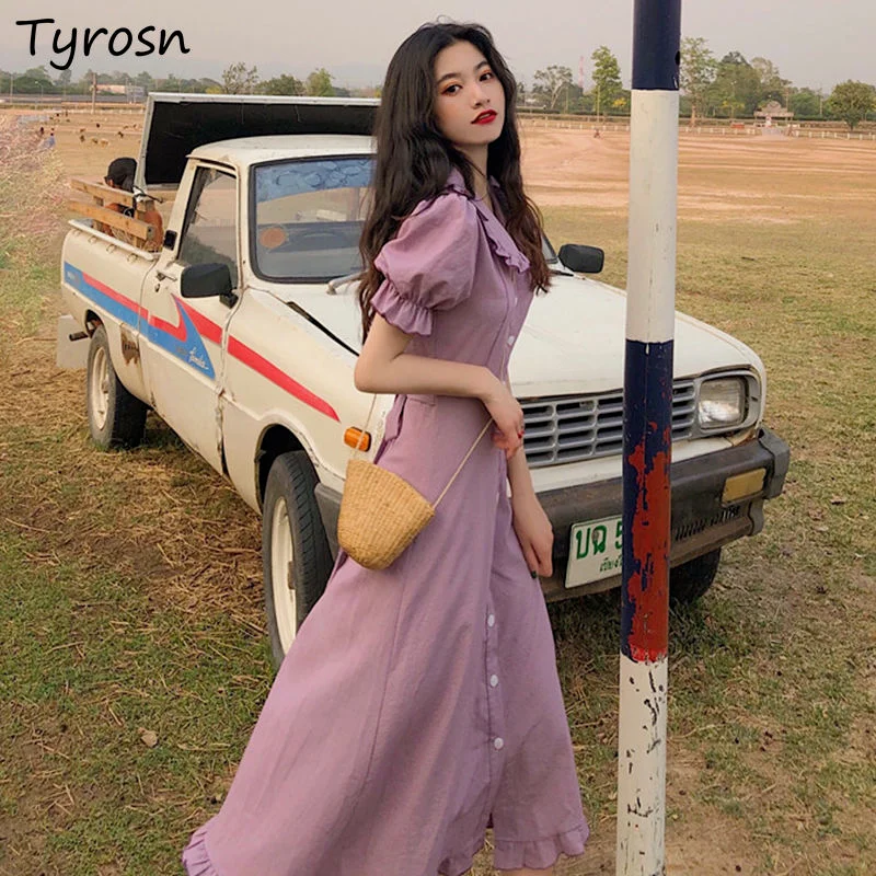 

Платье женское с коротким рукавом, милый элегантный универсальный сарафан с круглым воротником и высокой талией, в Корейском стиле, уличная...