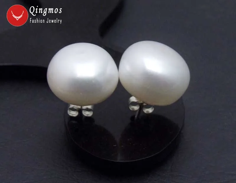 

Qingmos White Freshwater Pearl Earrings for Women with 12-13mm Flat Round Natural Sterling Silver Stud Earring Fine Jewelry