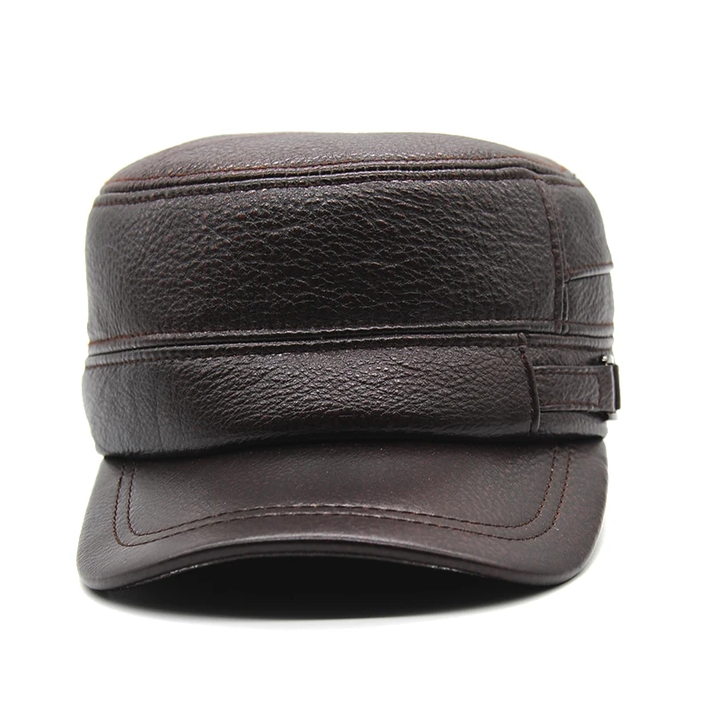 Cow Leather Flat Peak Baseball Cap&ampHats for men winter warm army hat adjustable ear flat black brown cap B28 | Аксессуары для