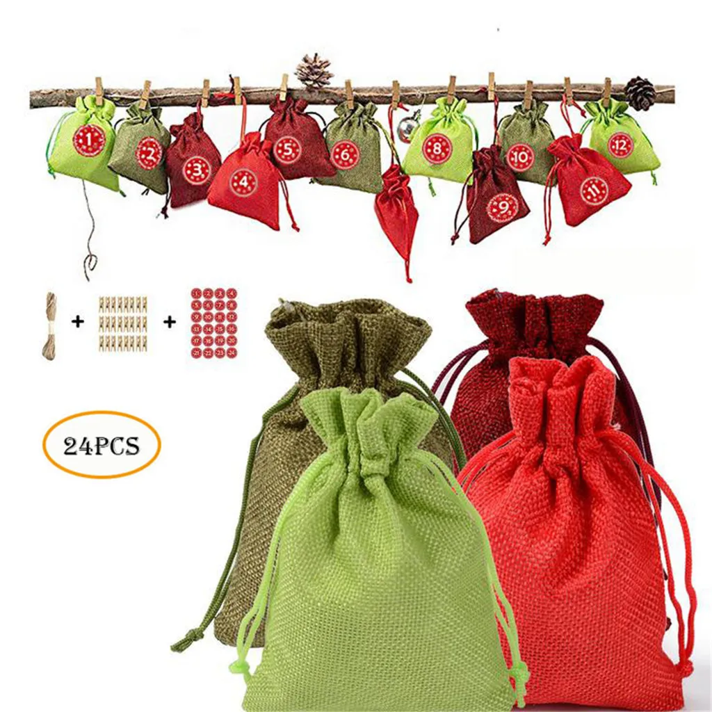 Рождественские льняные джутовые Подарочные мешки на шнурке для ювелирных