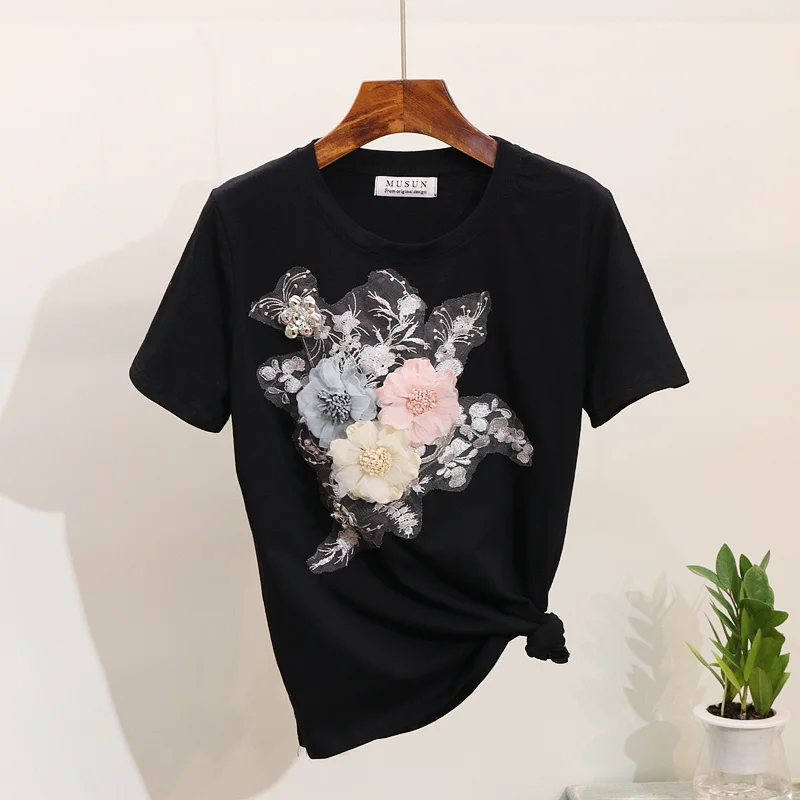 Europe America Women Heavy Work Embroidery 3D Flower Tshirts + Jeans 2pcs Clothing Sets Summer Casual Suits plus size | Женская одежда