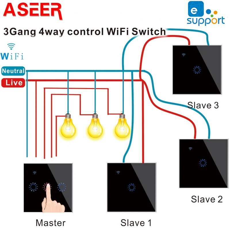 ASEER EWELINK стандарт ЕС 3 банды 4 пути управления WIFI переключатель, сенсорная стеклянная панель смарт-переключатели Совместимость Alexa Google домашний голос
