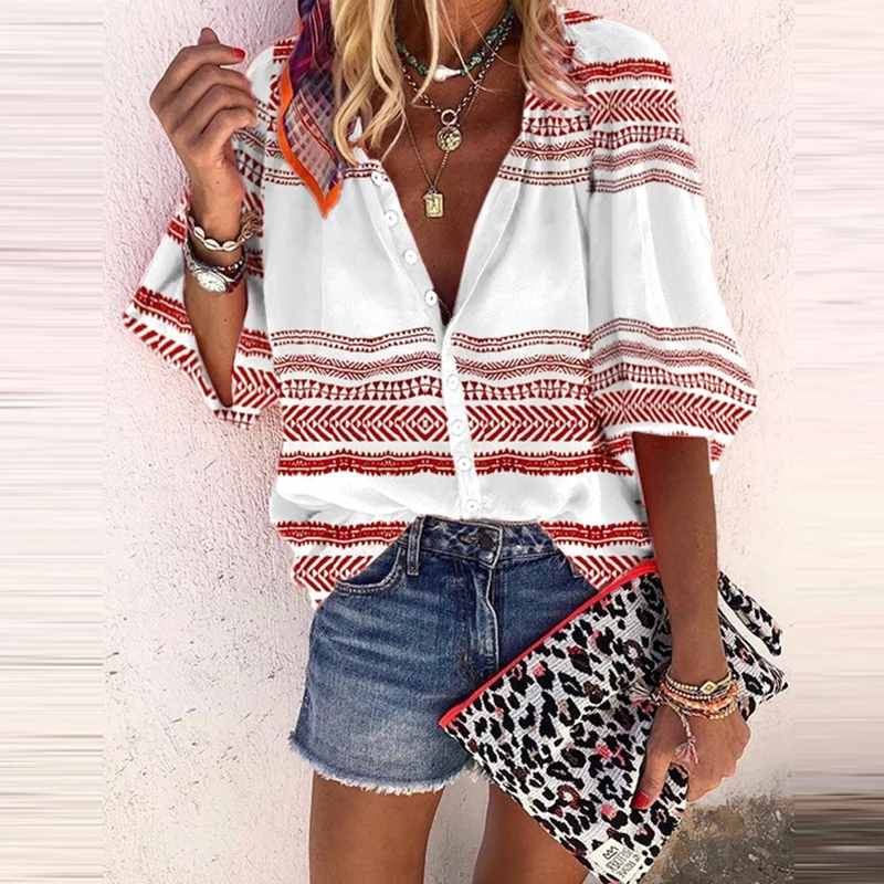 

Ladies Summer Fashion New Stand Collar Single-breasted Striped Print Lantern Sleeve Shirt Top Casual Loose T-shirt New Tops