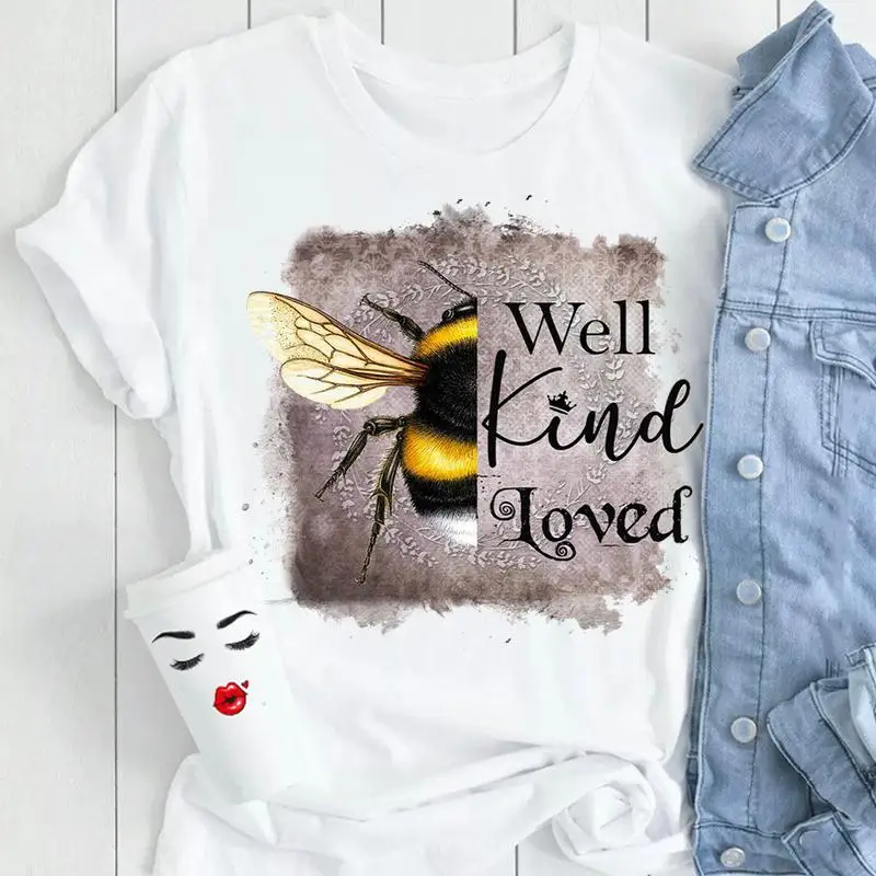 

Women Fashion Casual Letter Bee Cartoon Print Female Ladies Clothes Tops Tees Tshirt Short Sleeve O-neck Graphic T-Shirt