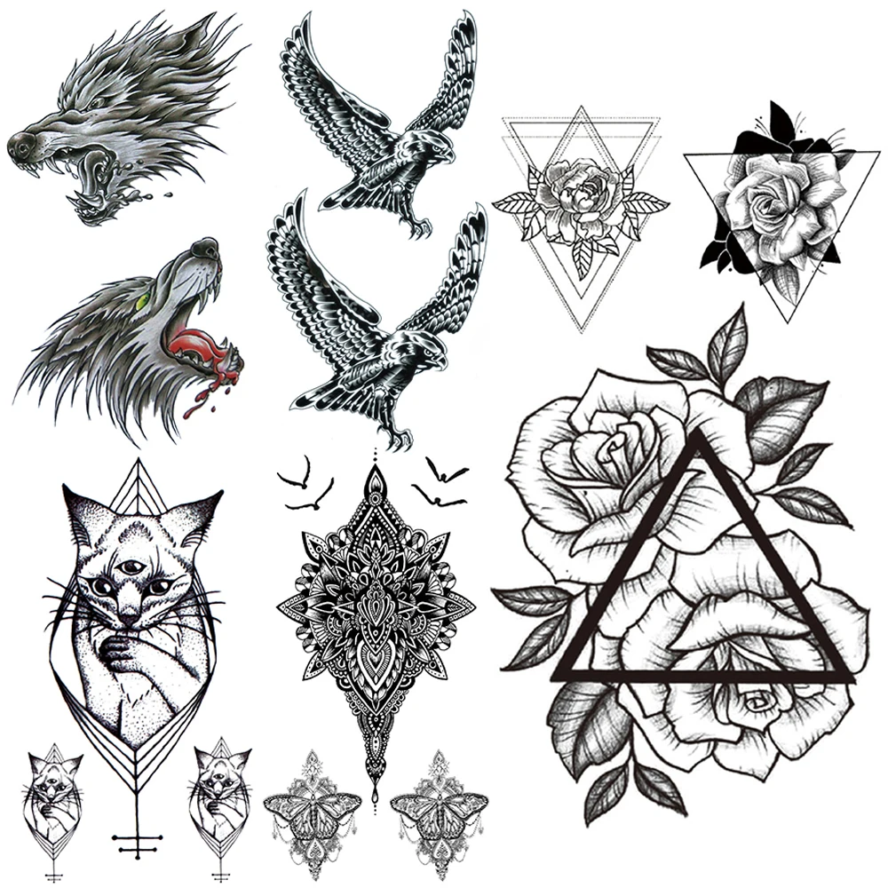 

Triangle Flowers Temporary Tattoos For Women Men Black Lion Eagle Tattoo Realistic Geometric Cat Moth Henna Tatoos Body Art Arms