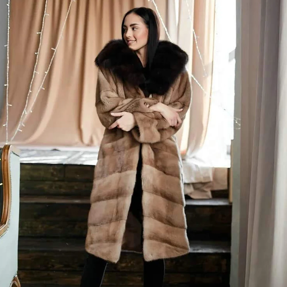 

Fashion Long Real Mink Fur Coats for Women 2021 Winter New Full Pelt Genuine Mink Fur Coat with Fox Fur Hood Luxury Fur Overcoat