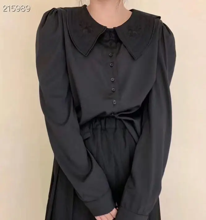 

Runway 2021 Blouse Women Spring New Fashion Long Sleeve Embroidery Collar Lady Elegant White / Black Shirts Clothes Tops