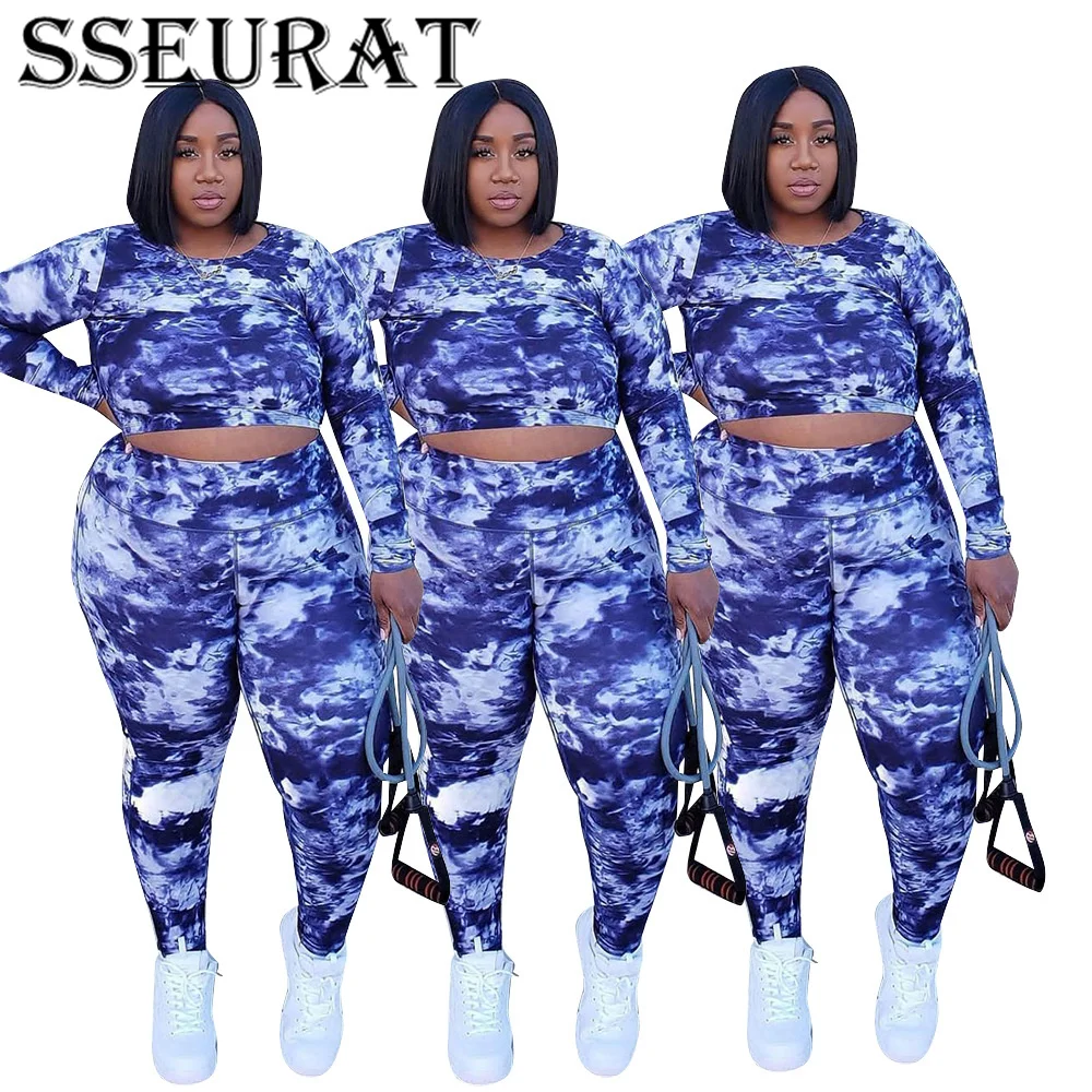 

SSEURAT Plus Size XL-5XL Print Women's Set Long Sleeve T-shirt Pants Suit Tracksuit Two Piece Set Fitness Outfit
