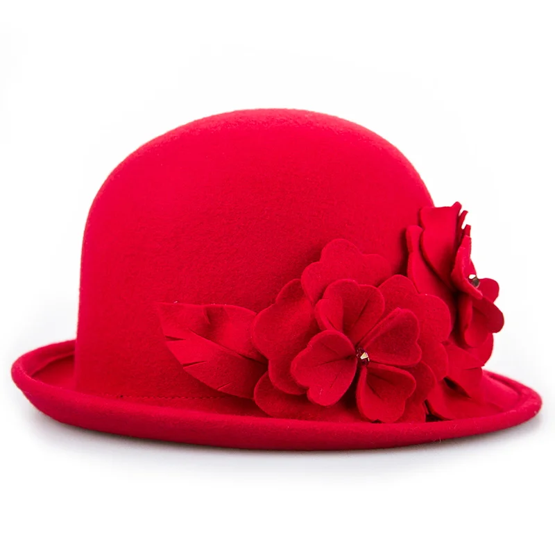 Red 52cm Sedancasesa Wool From Australian Felt Hat for Girls Child Bucket Hats With Flower Decoration Fedoras for Children 52cm - Цвет: Red 52cm