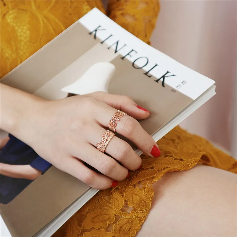 POFUNUO Real 925 Sterling Silver Korean Style Women Hollow Lace Flower Design Rings Girl Stylish Rose Gold Exquisite Zircon Ring | Украшения