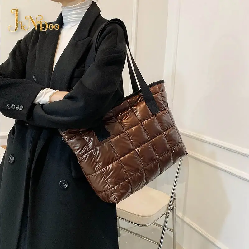 2021 new cotton tote handbags fashion winter quilted travel shoulder bags for women large capacity waterproof shopping purses free global shipping