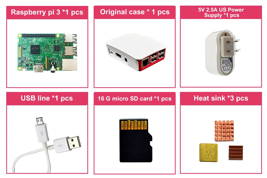Raspberry Pi 3 Model B стартовый комплект Pi 3+ чехол+ источник питания США+ USB кабель+ 16G micro SD карта+ радиатор с Wi-Fi Bluetooth