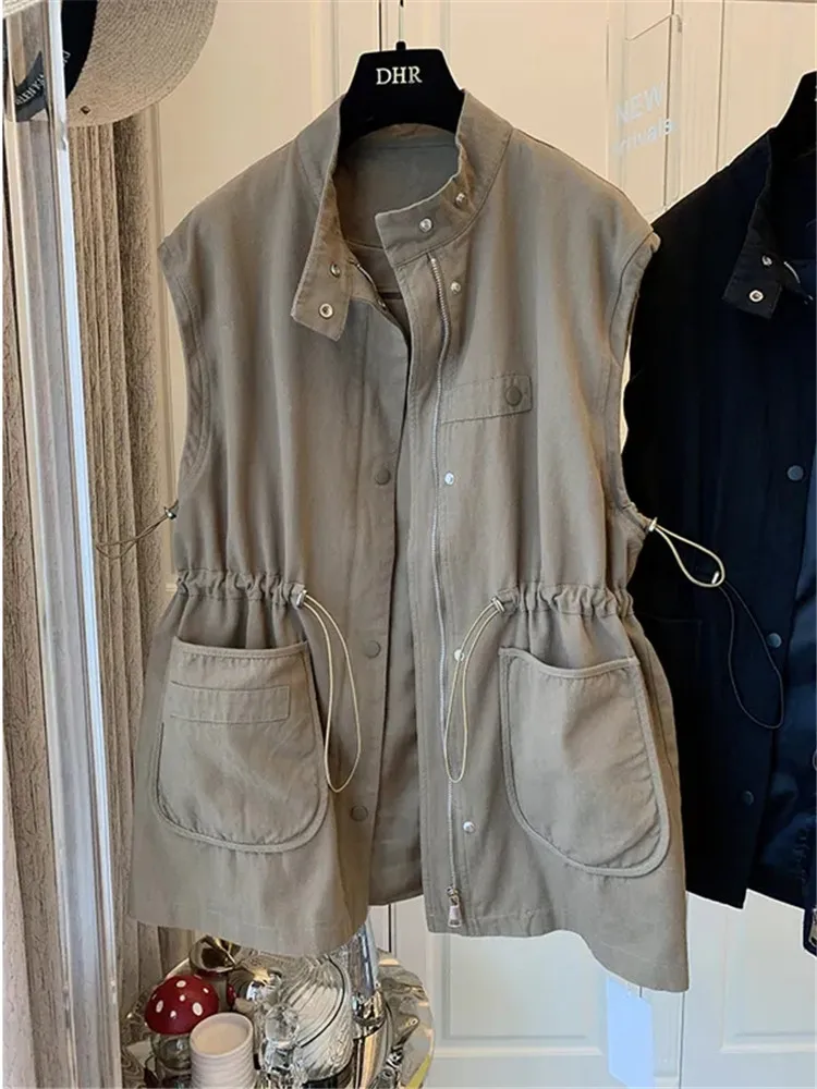 

Design Sense Korean Casual Loose Medium And Long Pocket Tooling Vest Jacket 2023 Spring And Autumn Gilet Sleeveless Jacket Woman