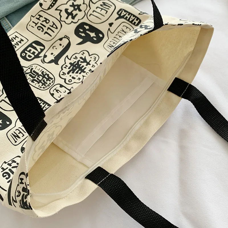 

New Canvas Shoulder Bag for Women 2021 Chinese Cartoon Print Female Handbags Cloth Shopping Bags Ladies Tote Beach Shopper Bag