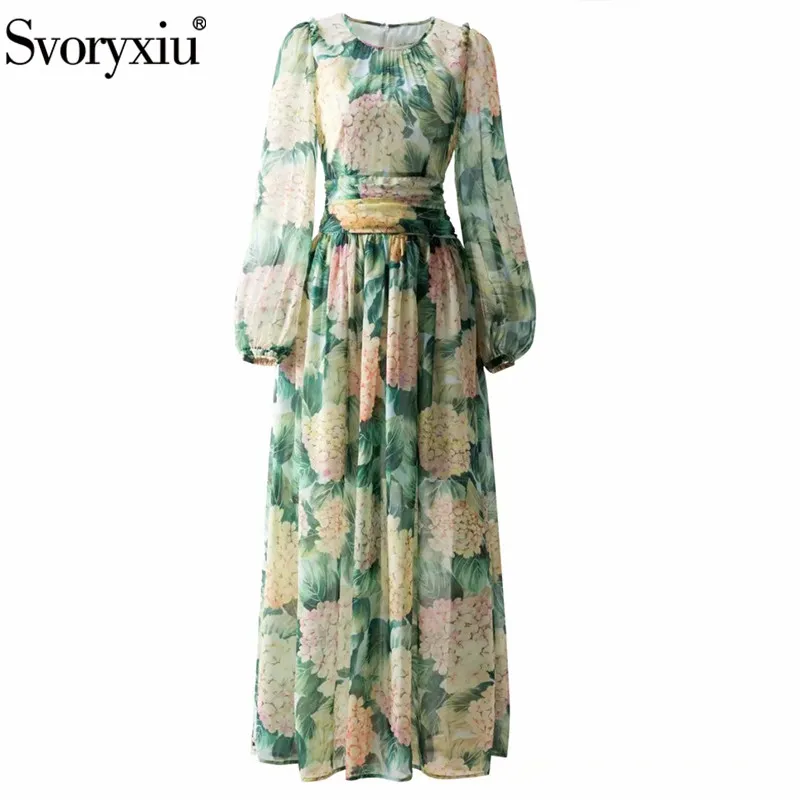 

Svoryxiu Runway Designer Autumn Chiffon Maxi Dress Women's Elegance Flower Print Bohemian Holiday Long Dresses XXL-5XL