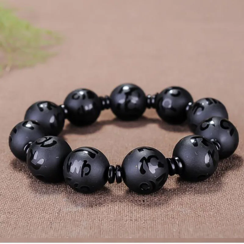 

Black Obsidian Six-character True Proverbs Single Bracelet Jewelry Fine Jewelry Crystal Buddha Bead Carved Bracelet