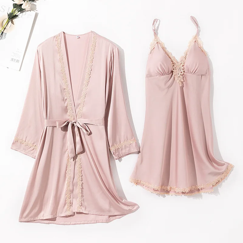 

Ночная рубашка с подушечками из искусственного шелка, женская одежда для сна, Новинка лета 2021, комплект из 2 предметов, атласное кимоно, хала...