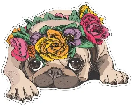 

JS Artworks Pug in a Bright Floral Head Wreath Vinyl Bumper Sticker Decal Family Pet Love Dog