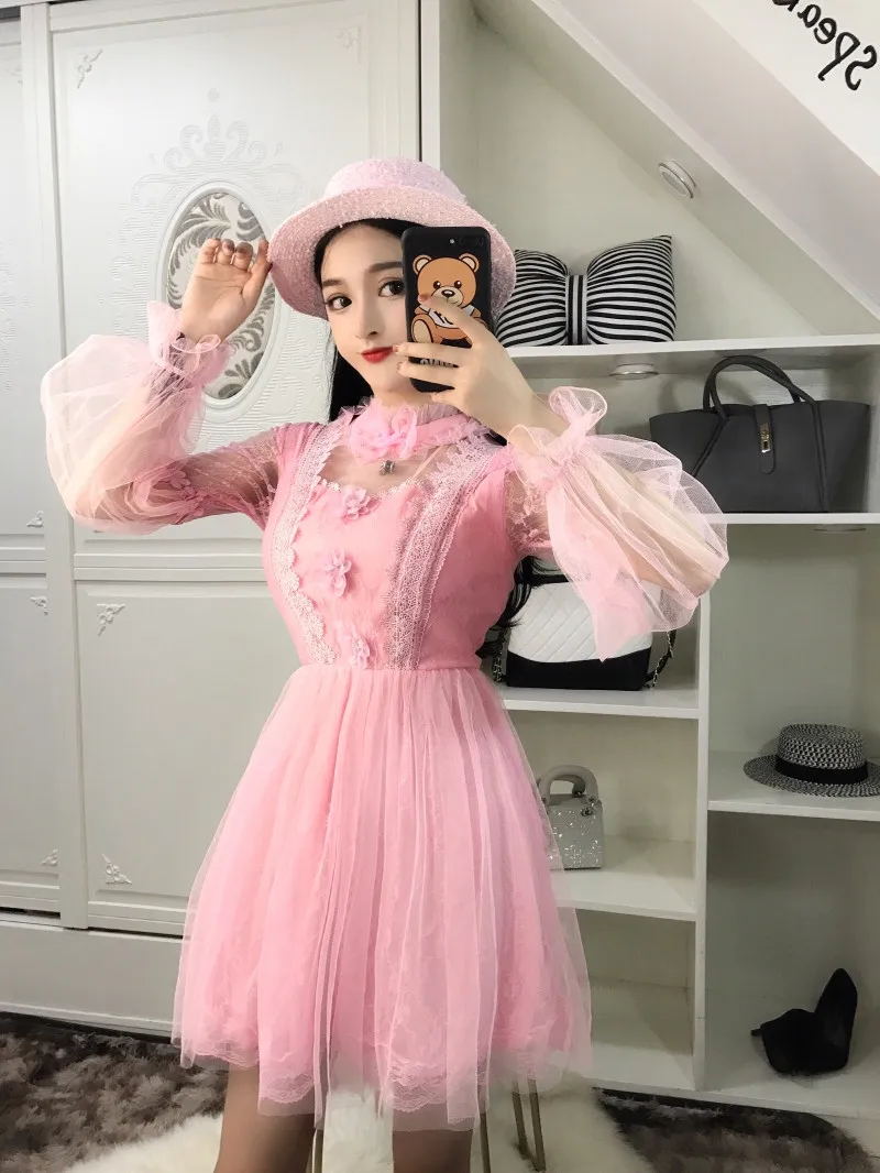 Women Elegant White Black Lace Mesh Party Dress Sweet Puff Sleeve Ball Gown Mini Turtleneck Cute Fairy Vestidos | Женская одежда
