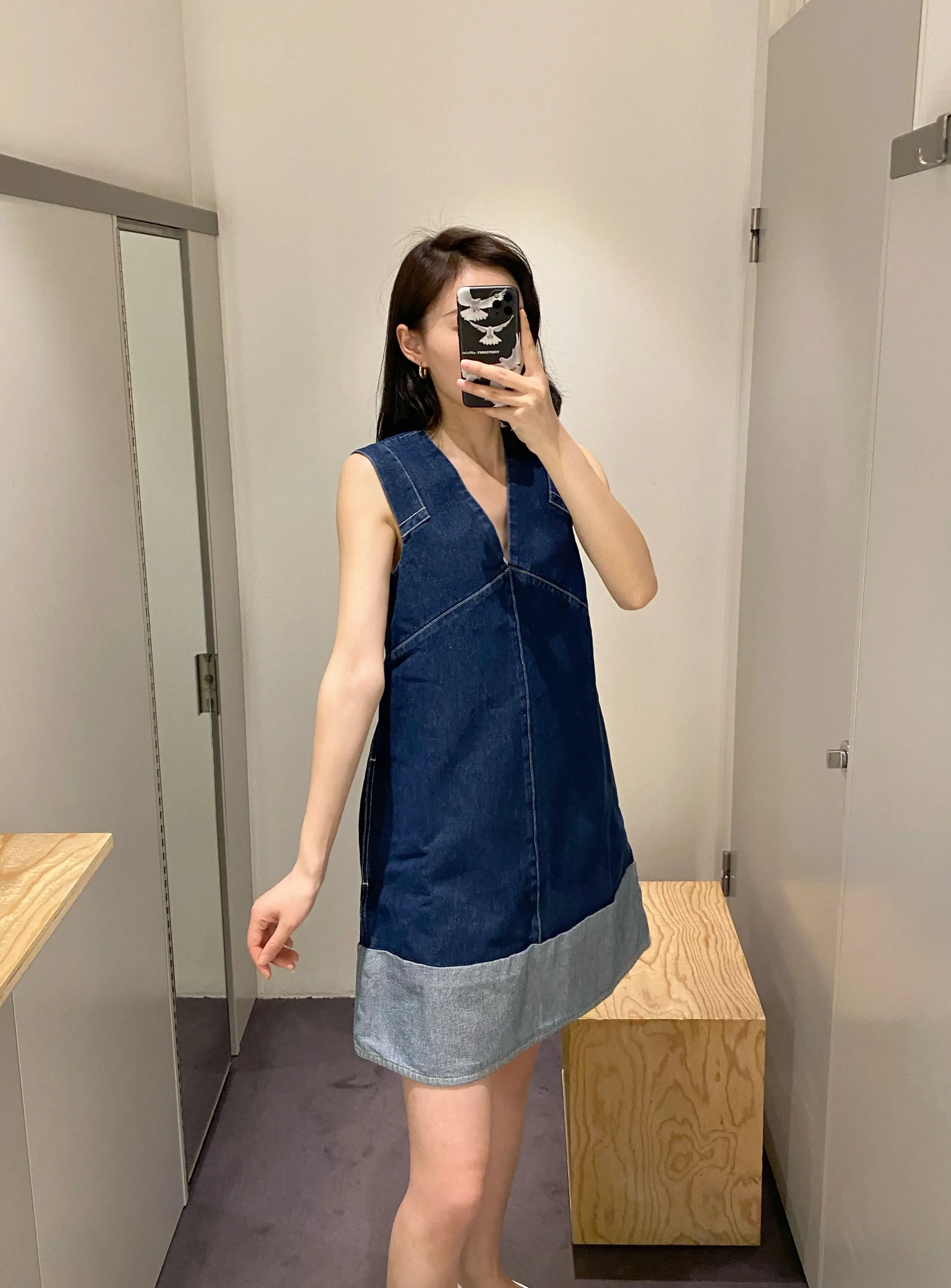 

Hem Patchwork Women Denim Mini Dress V-neck Backless Spring Summer Zipper A-line New Fashion Dress