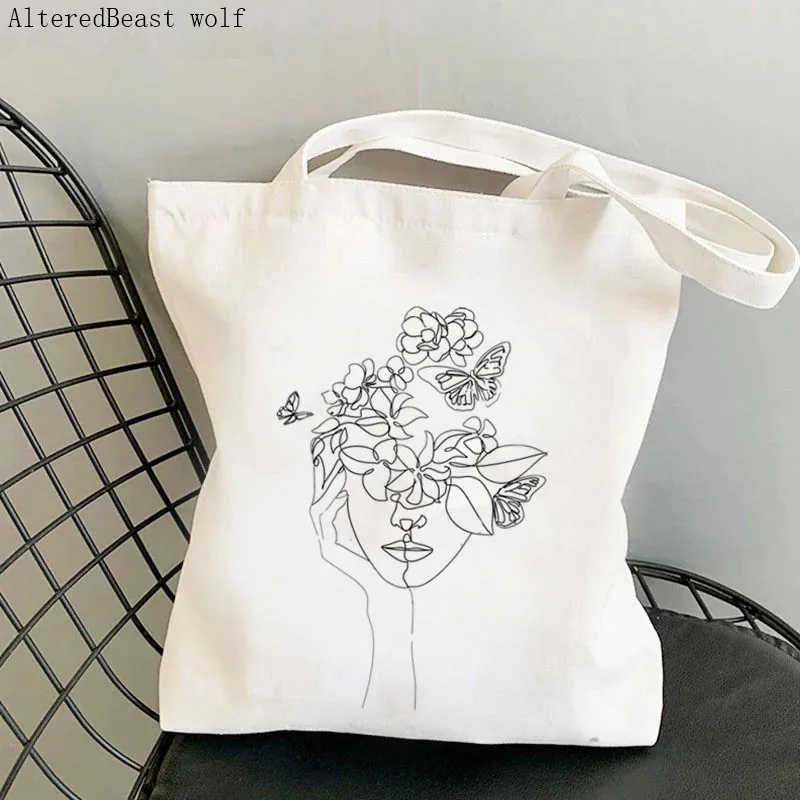 

Women Shopper bag Abstract face with flowers line Bag Harajuku Shopping Canvas Shopper Bag girl handbag Tote Shoulder Lady Bag