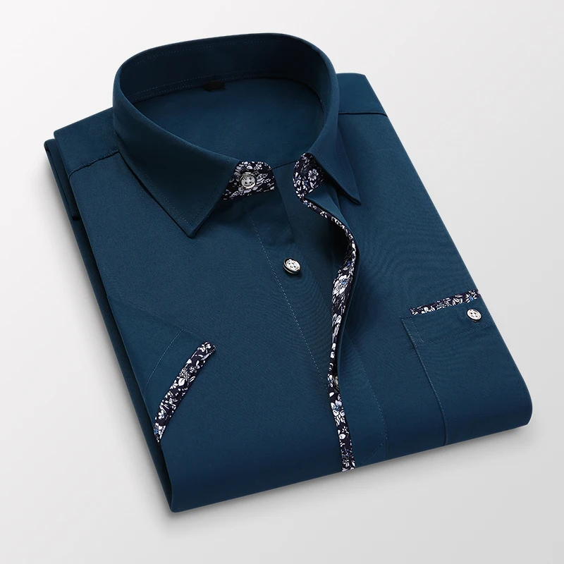 

Men Print Business Dress Shirt 2021 Summer Slim Casual Lapel Short Sleeve White Tuxedo Shirt Commute 5XL Tops Male Clothes