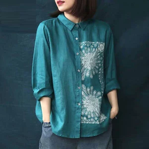 Женская свободная рубашка с длинным рукавом, Повседневная блузка из хлопка и льна с винтажным принтом, модель S774 в декоративном стиле на весну, 2020