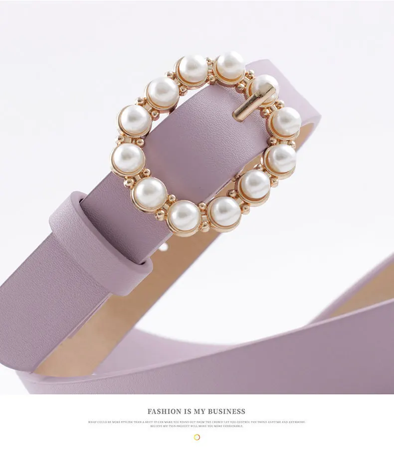 Fashion Pearl Decorative Belt Ladies Belt Round Pin Buckle Pearl Belts Women's Casual Solid PU Leather Thin Belt