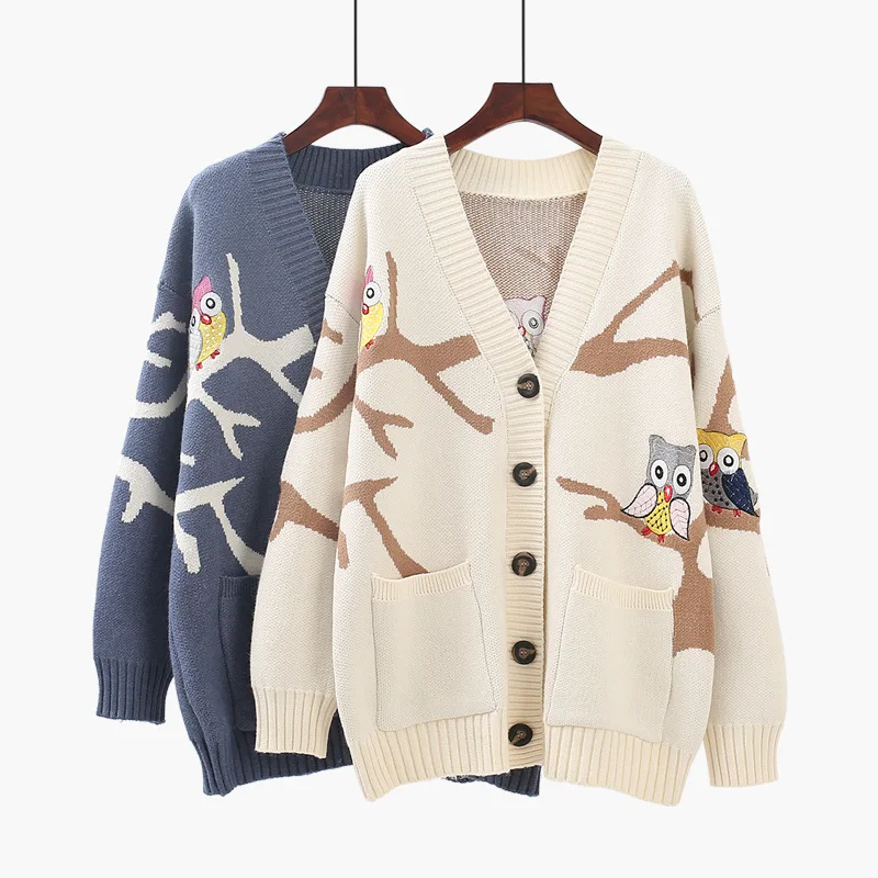 

2020 Cartoon Print Oversize Cardigans Women Harajuku Loose V Neck Sweaters Jacket Female Knitted Cardigan Mujer for Winter