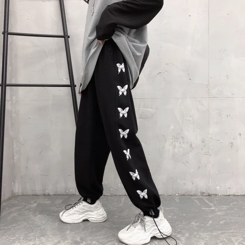 

Zoki Sports Pants Women Casual Print Butterfly Pattern Loose Fitting All Match Slim Solid Trousers High Waist Fashion New