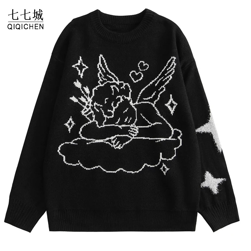 

Mens Knitted Jumper Sweaters Hip Hop Sleep Angel Pattern Streetwear Pullovers Women Harajuku Autumn Casual Warm Sweaters Unisex