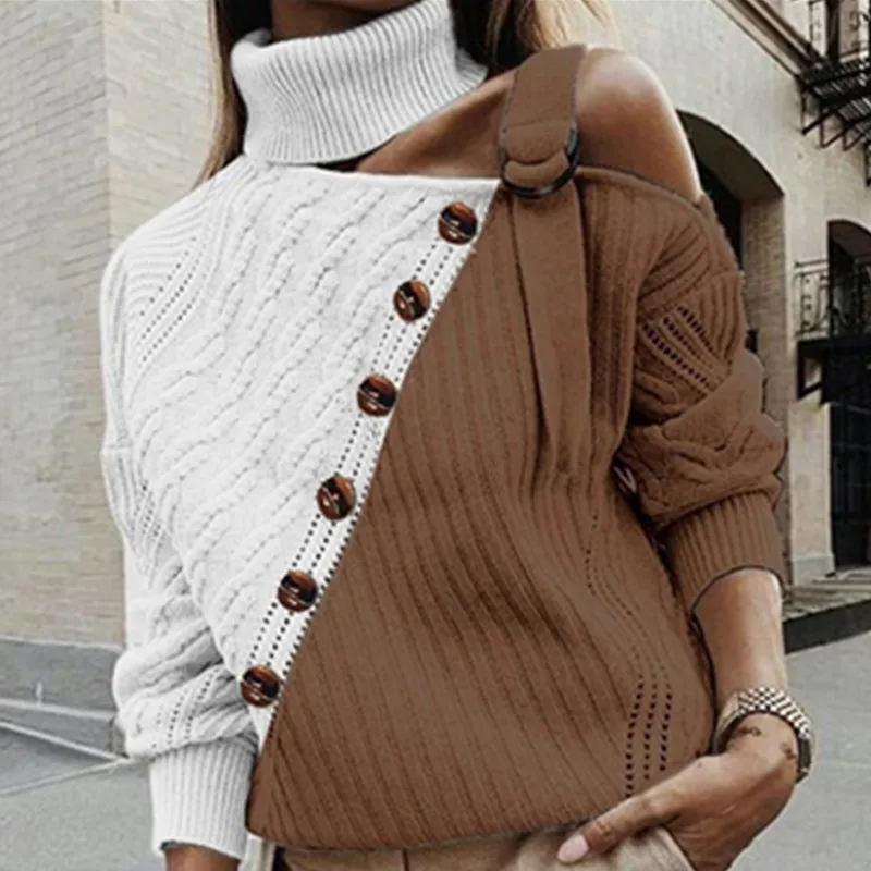 

Fashion Button Turtleneck Knitted Sweaters Women Jumper Autumn Winter Strap Pullover Long Sleeve One Shoulder Knitwear Female