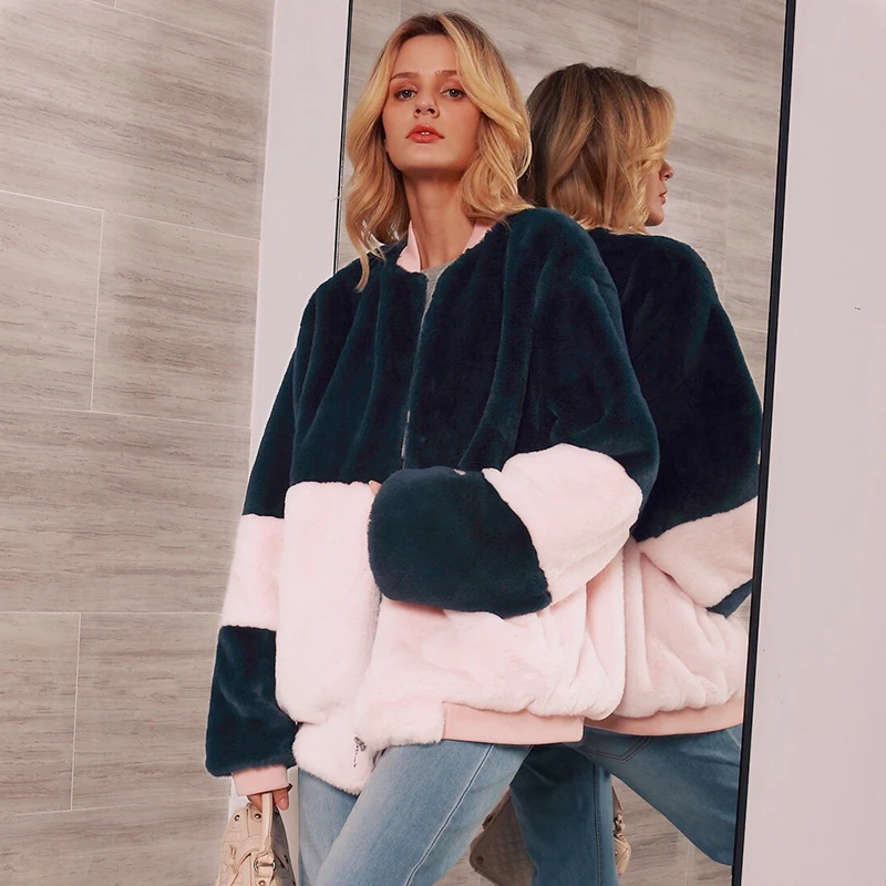 Модное пальто в стиле пэчворк розового и синего цвета Куртка из искусственного