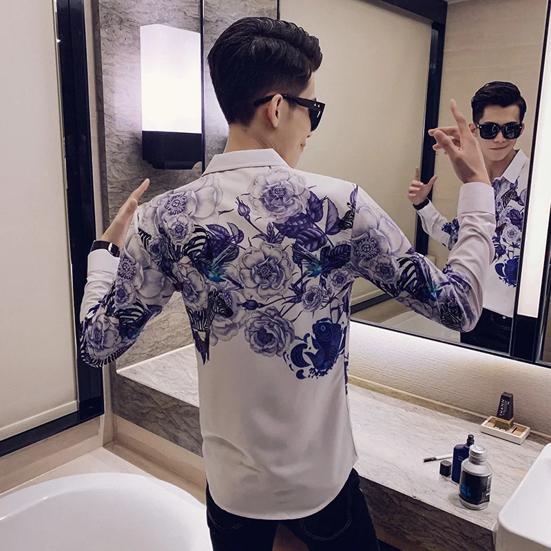 Camisa Masculina цифровой принт мужские рубашки с длинным рукавом Осень мужские рубашки с цветочным узором повседневные приталенные рубашки для ночного клуба homme 3XL