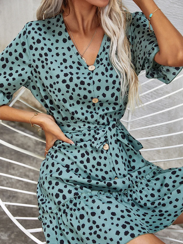 

V Neck Summer Light Green Ruffle Mini Dresses Women Bohemian Short Sleeve Casual Clothes